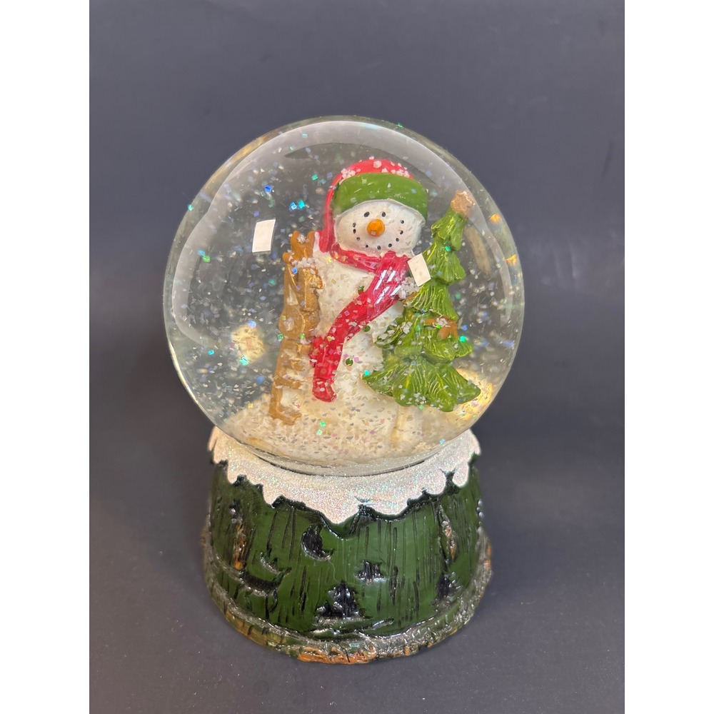 Snowman Christmas Snow Globe with Tree and Ladder Iridescent Glitter Green Base